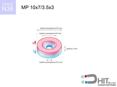 magnes neodymowy pierścieniowy MP 10x7/3.5x3 N38  MP 10x7/3.5x3 N38 magnes neodymowy pierścieniowy