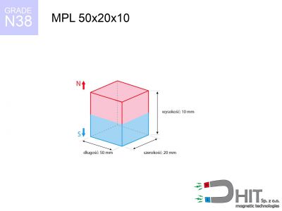 magnes neodymowy płytkowy MPL 50x20x10 N38  MPL 50x20x10 N38 magnes neodymowy płytkowy