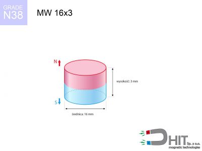 magnes neodymowy walcowy MW 16x3 N38  MW 16x3 N38 magnes neodymowy walcowy