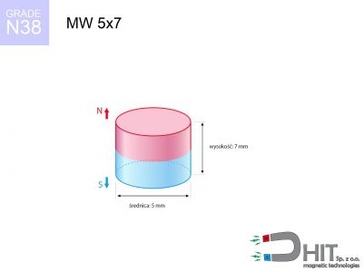 magnes neodymowy walcowy MW 5x7 N38  MW 5x7 N38 magnes neodymowy walcowy
