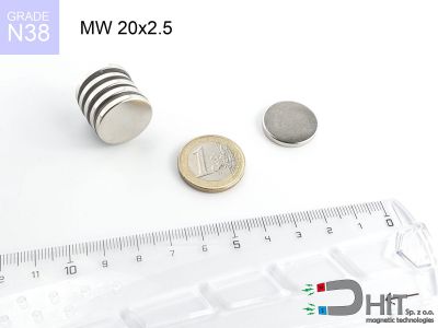 MW 20x2.5 N38 - magnesy w kształcie walca