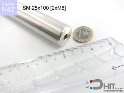 SM 25x100 [2xM8] N42 - separatory pałki magnetyczne z magnesami neodymowymi