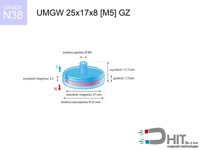 UMGZ 25x17x8 [M5] GZ N38 uchwyt magnetyczny gwint zewnętrzny