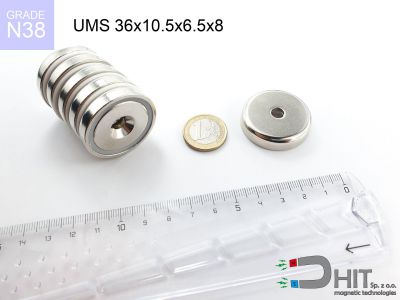 UMS 36x10.5x6.5x8 N38 - magnetyczne uchwyty z otworem stożkowym